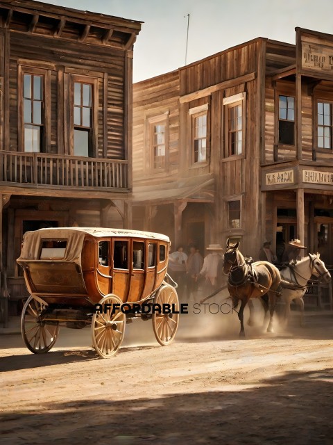 A horse and buggy travels down a dirt road in a western town