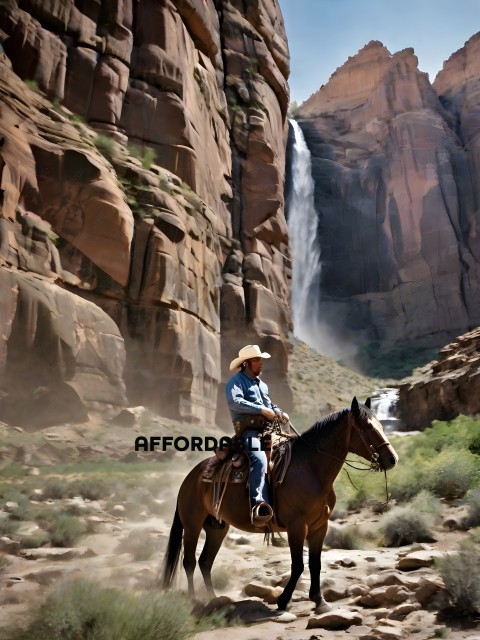 A man rides a horse in a canyon with a waterfall