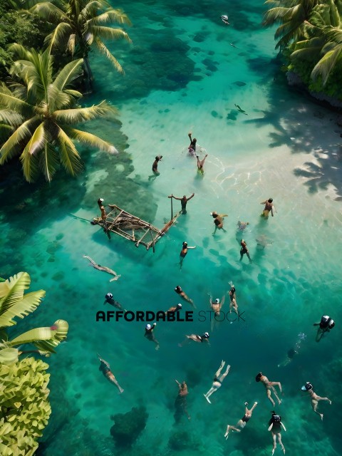A group of people swimming in a lagoon