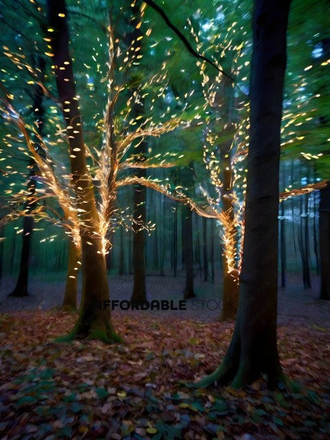 A forest with trees lit up with lights