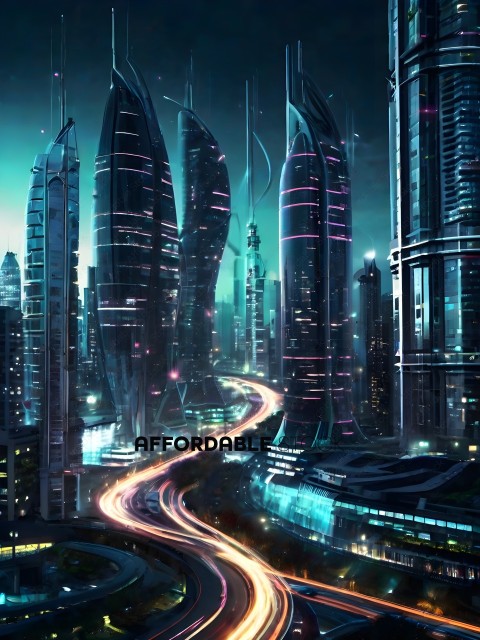 Futuristic Cityscape with Lights and Skyscrapers