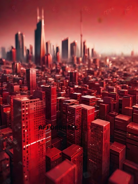 A cityscape with a red skyline