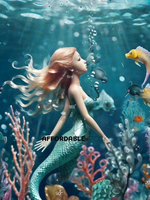 A mermaid swims in a sea full of fish