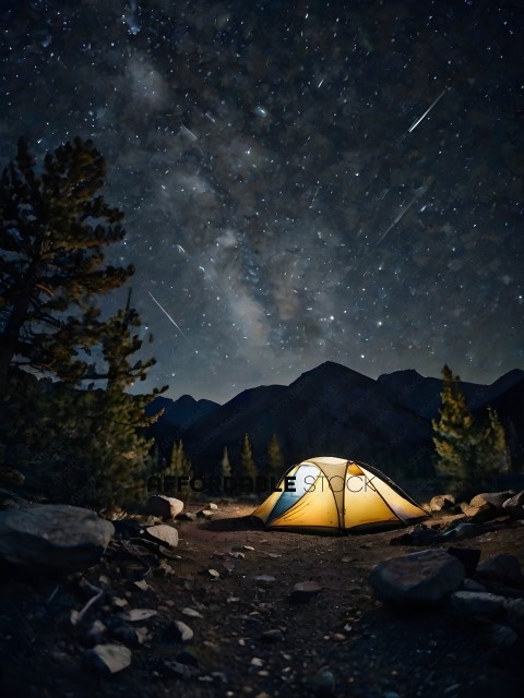 A campsite with a tent and a starry sky