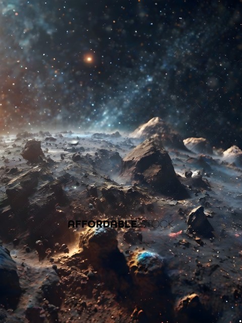 A stunning view of a rocky landscape with stars in the background