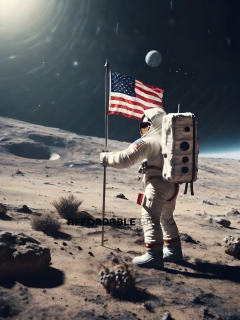 Astronaut in a spacesuit holding an American flag on a barren planet