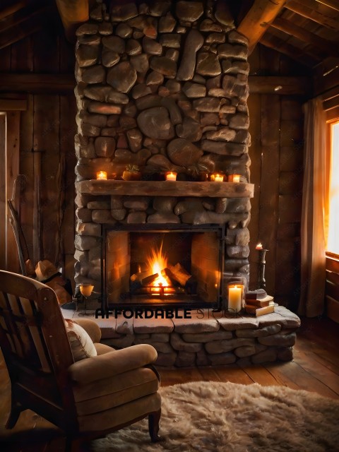 A cozy fireplace with a rock wall and candles