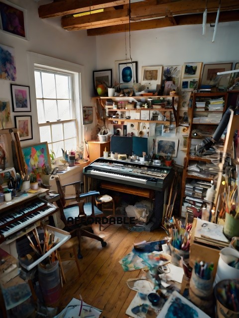 A cluttered room with a piano, art supplies, and a window