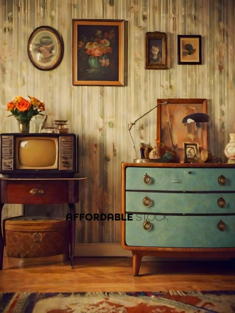 A vintage style dresser with a mirror and a television