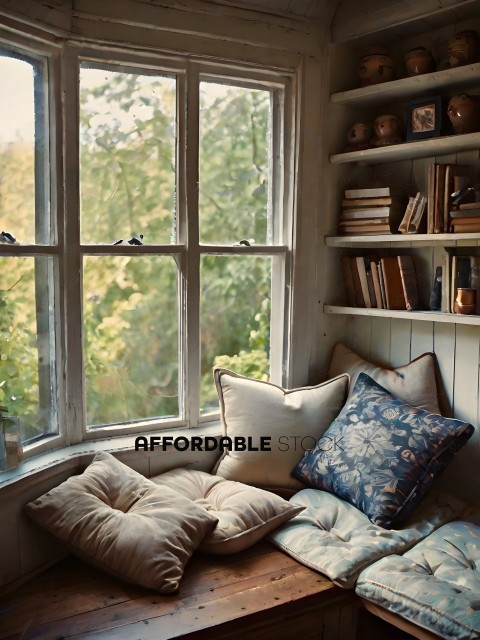 A cozy corner with a window, pillows, and books