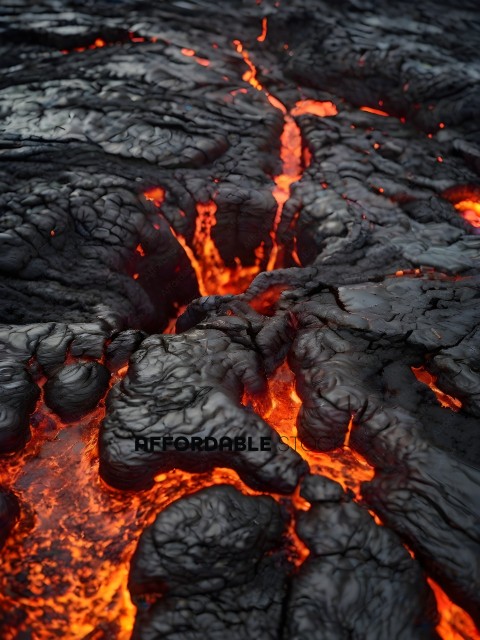 A close up of a lava flow with a red glow