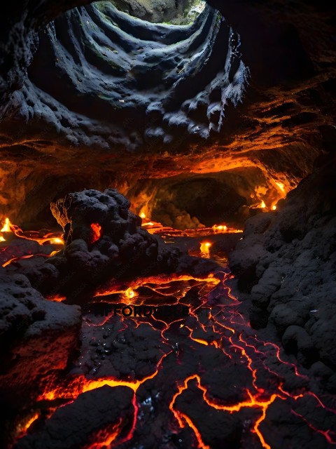 A cave with lava flowing and a rock formation