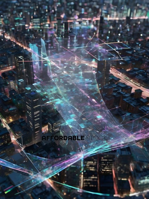 A futuristic cityscape with a blue glow