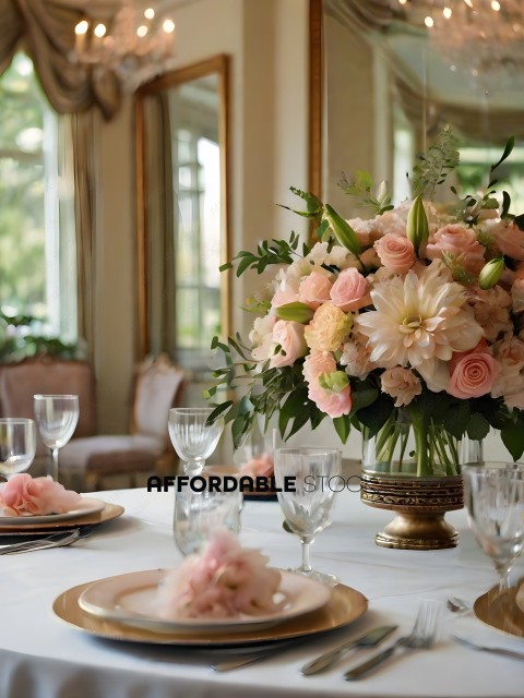 A beautifully arranged table with a vase of flowers
