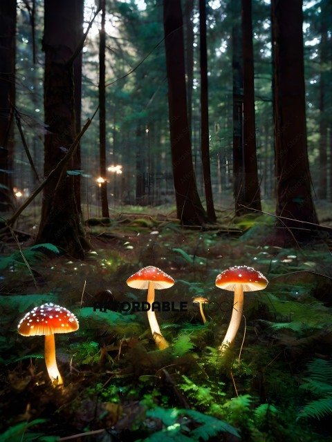 Three mushrooms in a forest with light shining on them