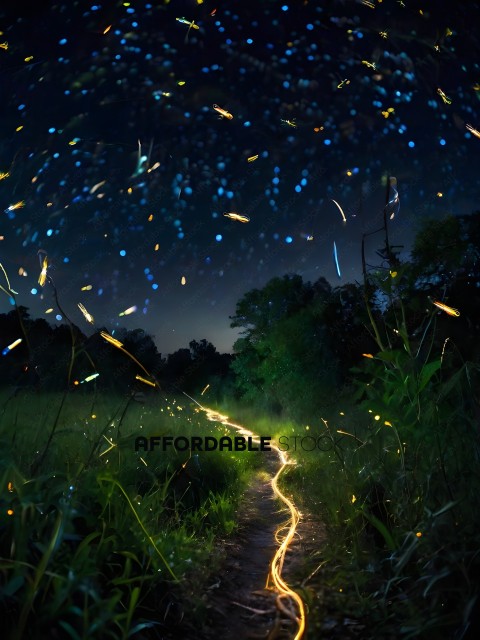 A pathway lit by fireflies in a field at night