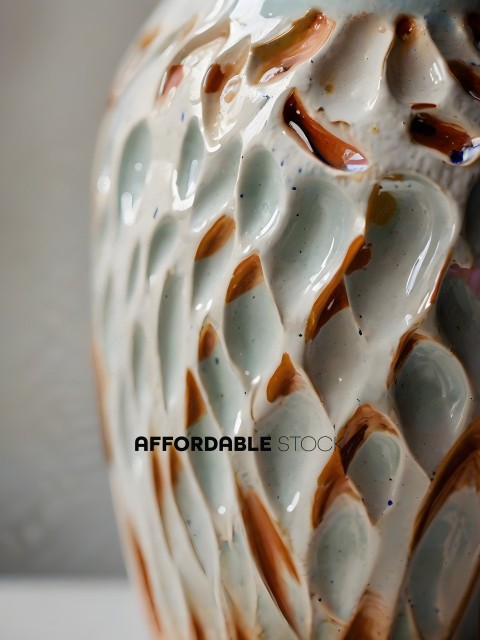 A close up of a vase with a pattern of green, orange, and white