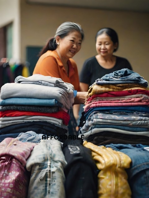 Two women looking at stacks of clothing