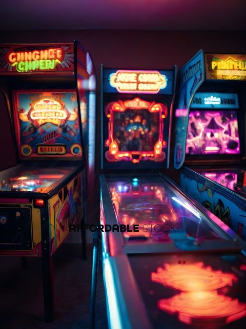 Three Arcade Games with Pink and Purple Lights