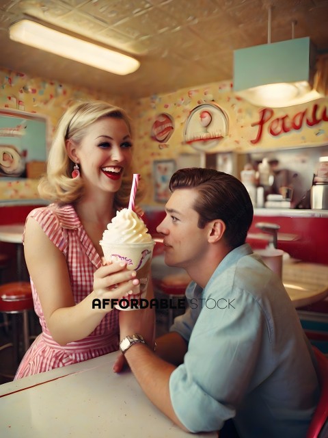 A man and woman in a diner, the woman is holding a large ice cream cone