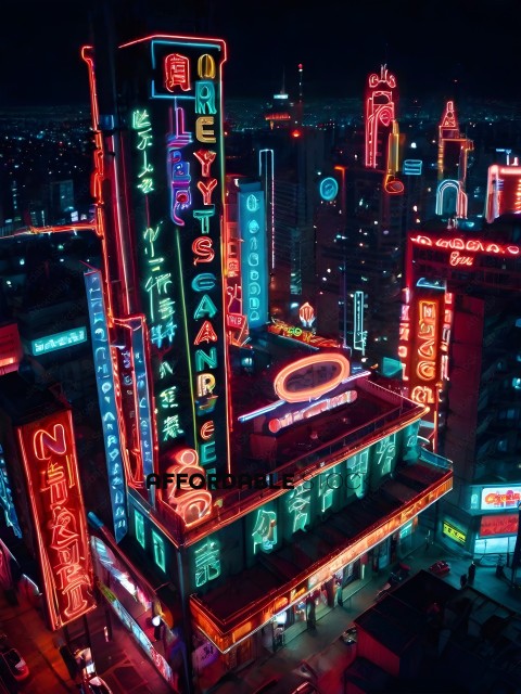 A neon sign lit up at night in a city