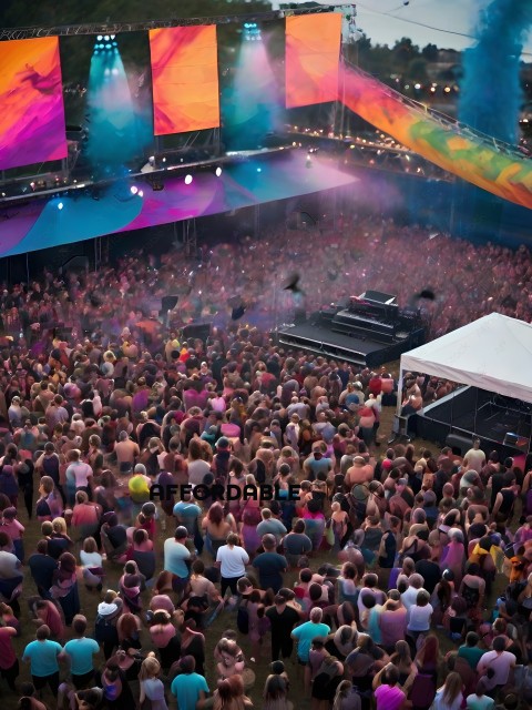 A large crowd of people in a field with a stage in the background