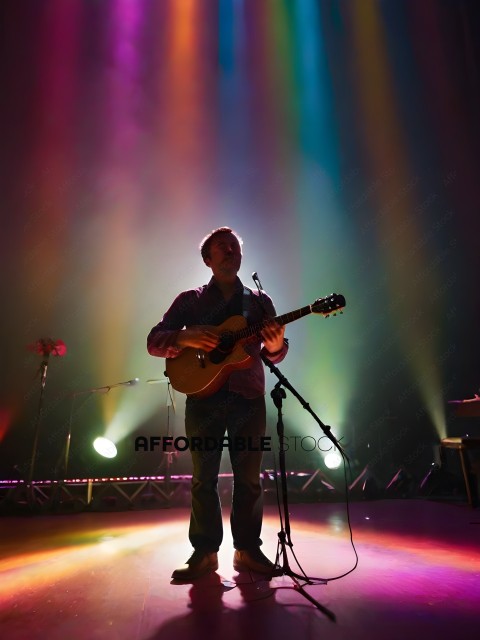 A man playing guitar on a stage with colored lights
