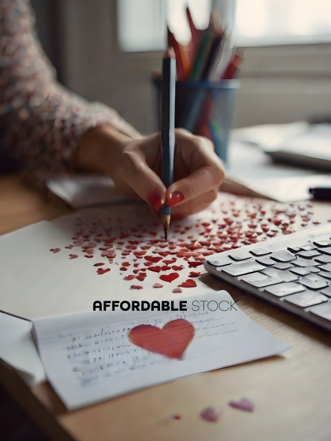 A person writing with a pen on a paper with hearts