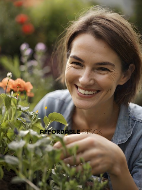A woman smiling while holding a plant