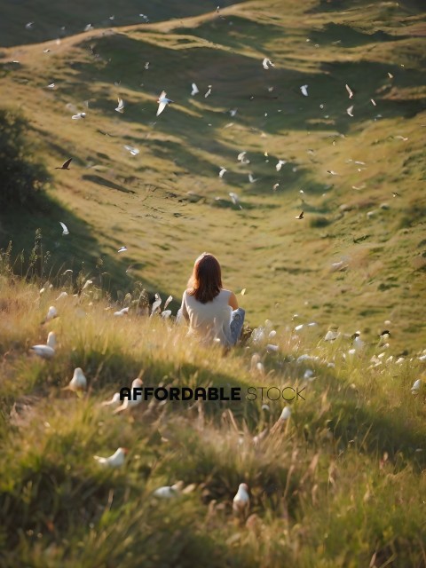 A woman sitting in a field with birds
