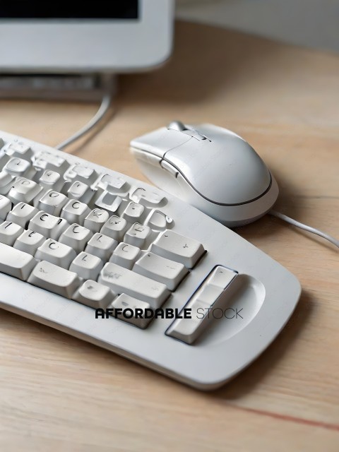 A white keyboard and mouse on a wooden table