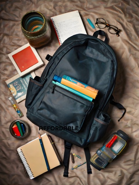A black backpack with a pencil, notebook, and other items