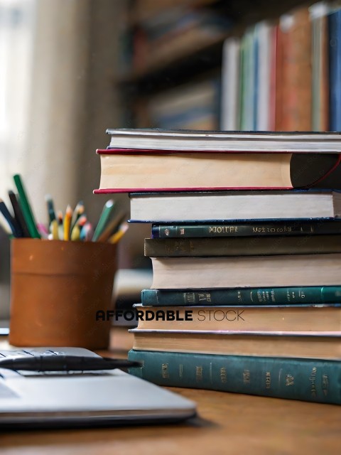 A stack of books with a pencil holder in the foreground