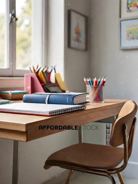 A desk with a book and pencils