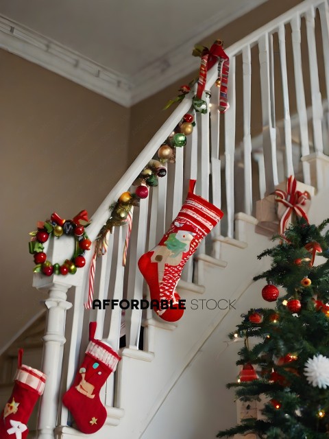 Christmas Stockings Hanging on Stair Railing