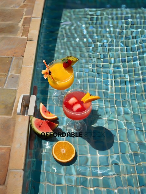 Three drinks and fruit on a poolside