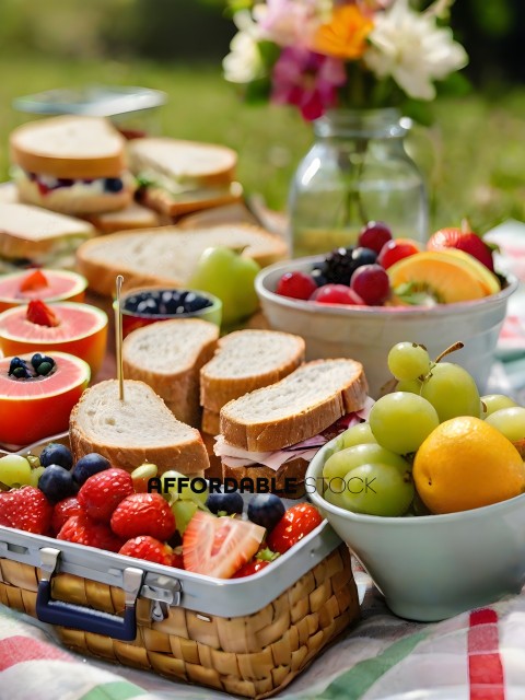 A variety of fruits and sandwiches on a picnic table