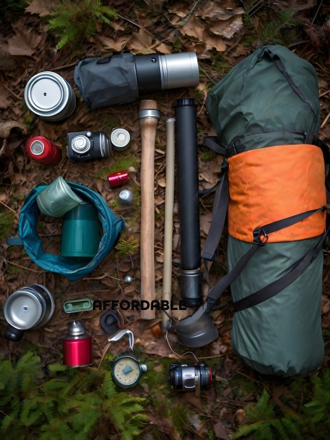A collection of camping gear on the ground