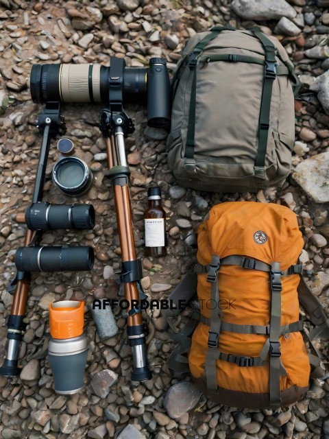 A Backpacker's Gear: Camera, Lens, Bottle, and Backpack