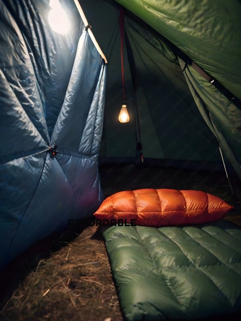 A sleeping bag on the ground in front of a tent