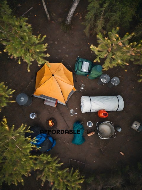 A campsite with a yellow tent and green backpacks
