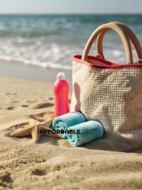 A Pink Bottle of Sunscreen, a Starfish, and a Towel on the Beach