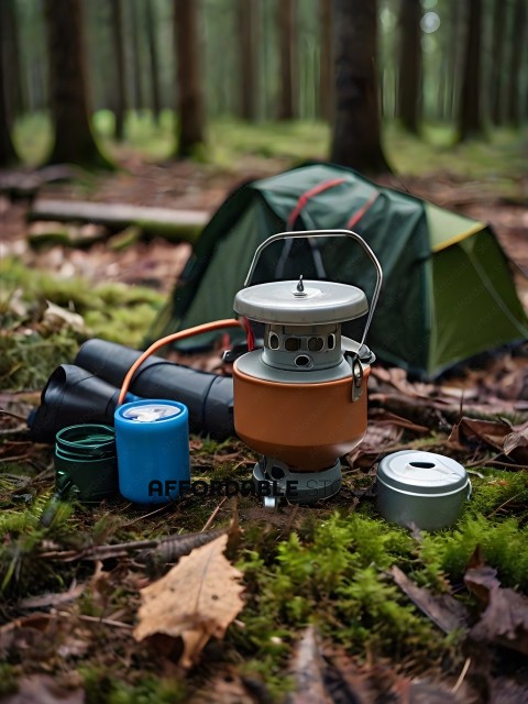 A camping stove with a green tent in the background