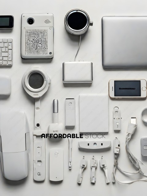 A collection of electronic devices on a white surface