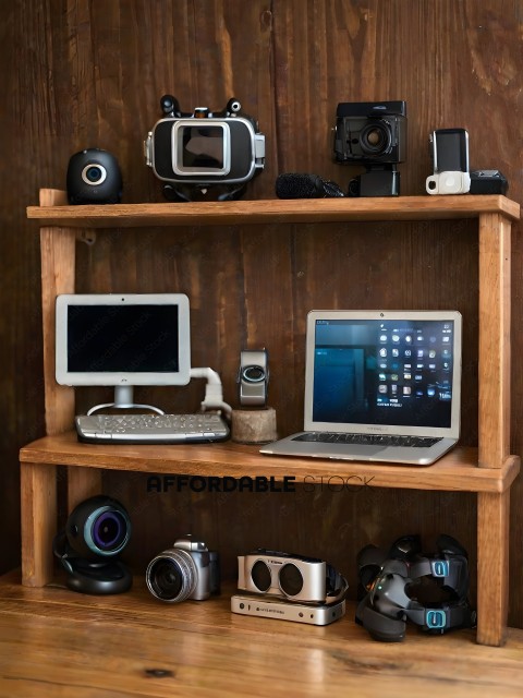 A variety of electronic devices on a wooden shelf