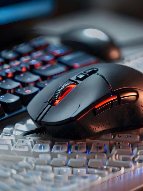 A black computer mouse with red lights on the side