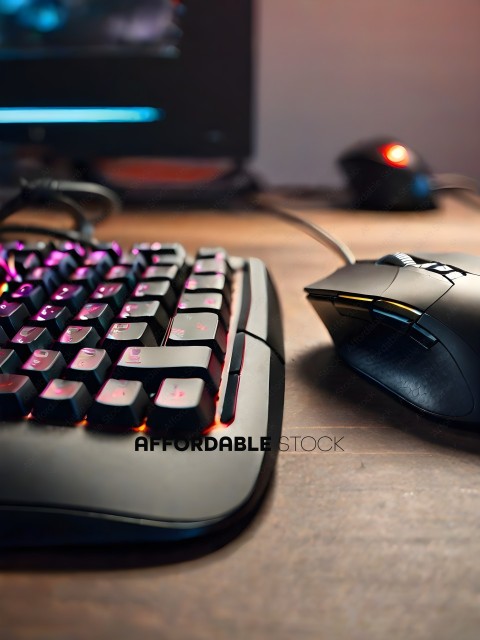 A black keyboard and mouse on a wooden desk