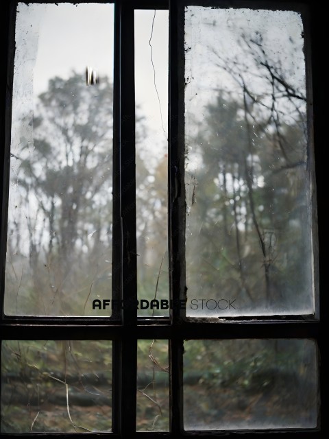 A view of trees through a broken window