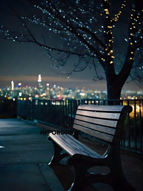 A bench in a city at night