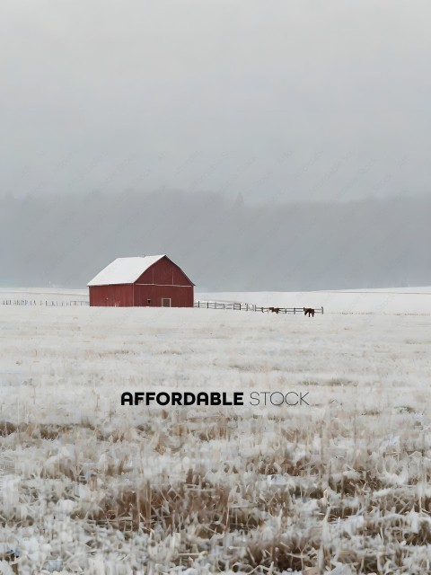 Snowy field with a red barn and horses